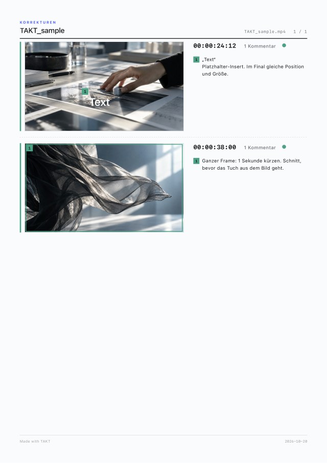 Seite 1 des PDFs, nur mit den Kommentaren der Farbe „Schnitt / Titel“