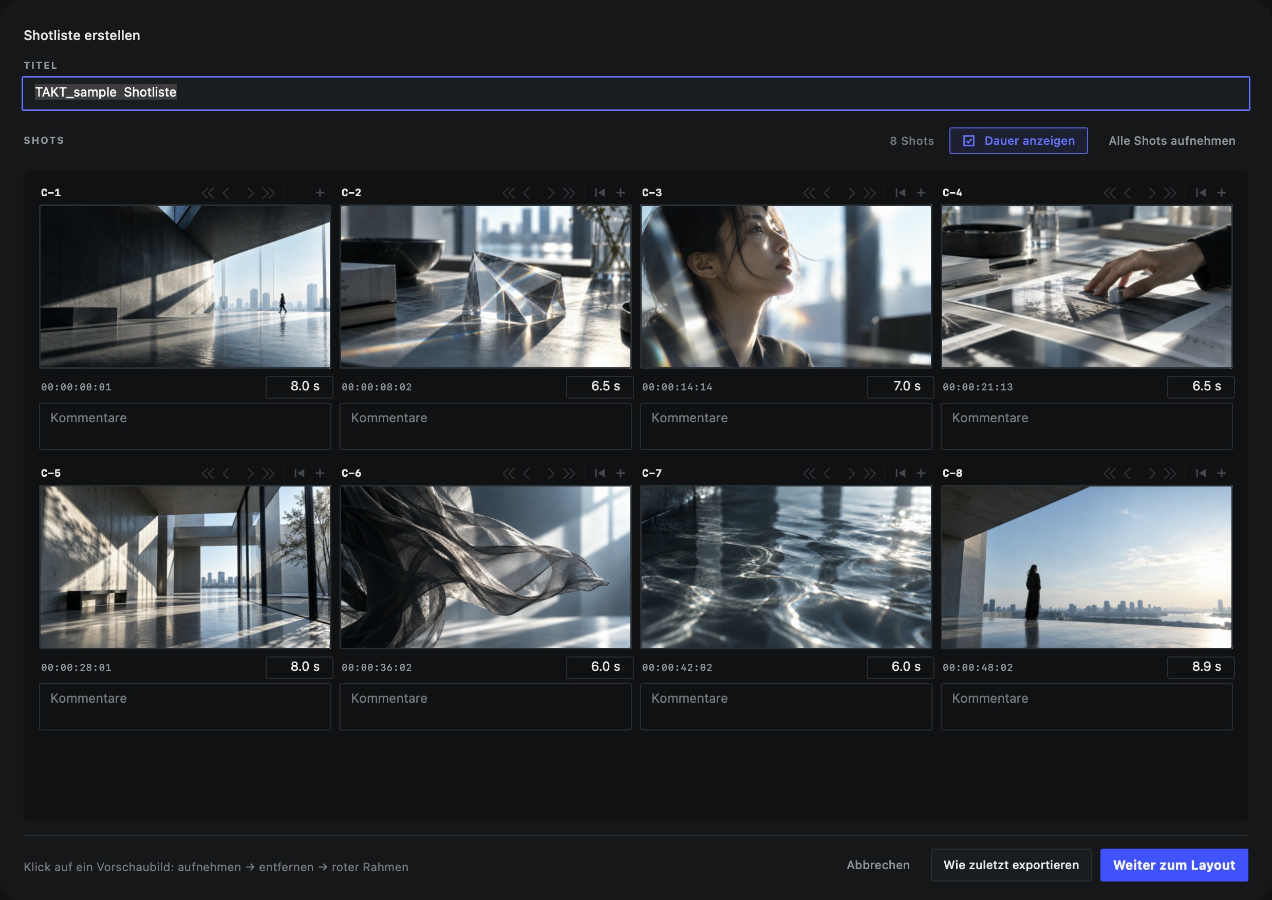 Das TAKT-Fenster „Shotliste erstellen“: Vorschaubilder, Timecodes, Dauer und Kommentarfelder für die 8 in TAKT_sample.mp4 erkannten Shots (C-1 bis C-8). Unten rechts „Weiter zum Layout“.