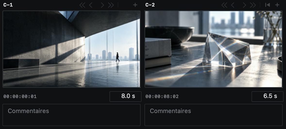 C-1 et C-2 dans la fenêtre « Créer une liste des plans » de TAKT : vignettes, timecodes, durées et champs de commentaire.